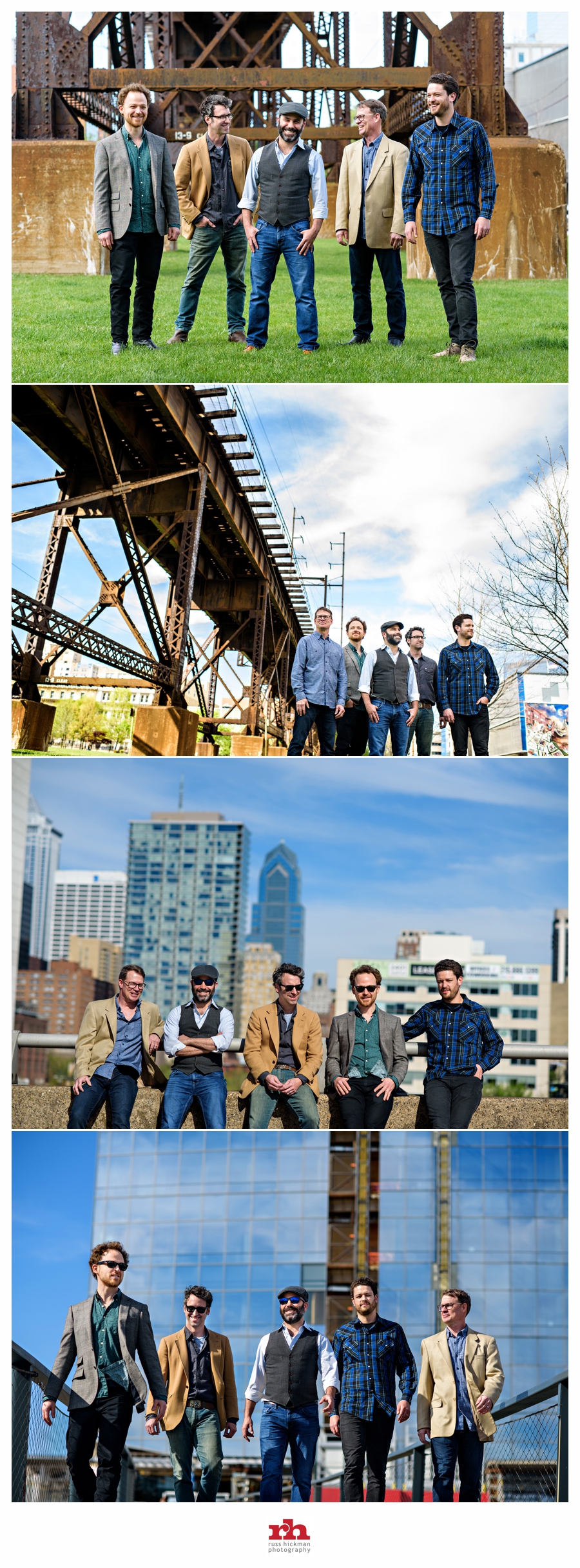 A Bluegrass Band pose with the Philadelphia skyline in the background.